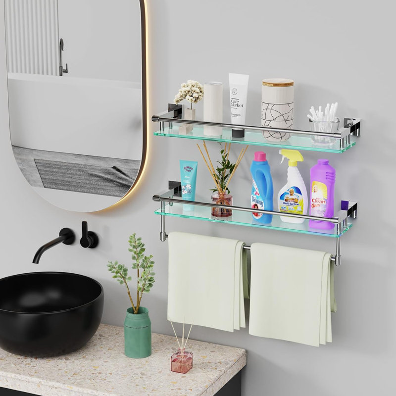 Tablette en verre pour salle de bain, Chrome poli