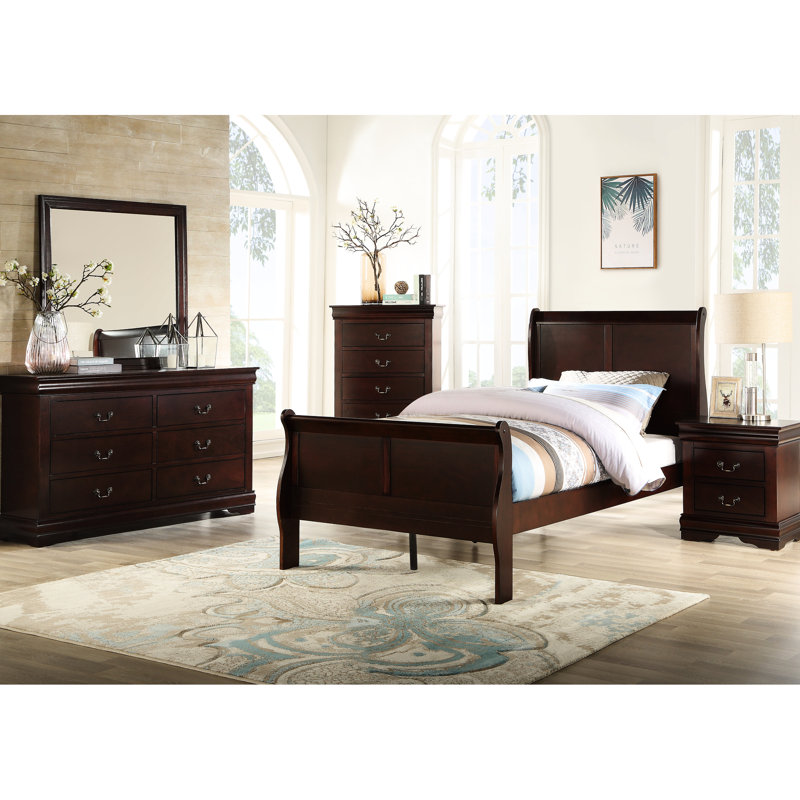 Lit simple en bois massif brun avec finition cerisier - Collection avec glissières en métal et tiroirs coulissants confortables