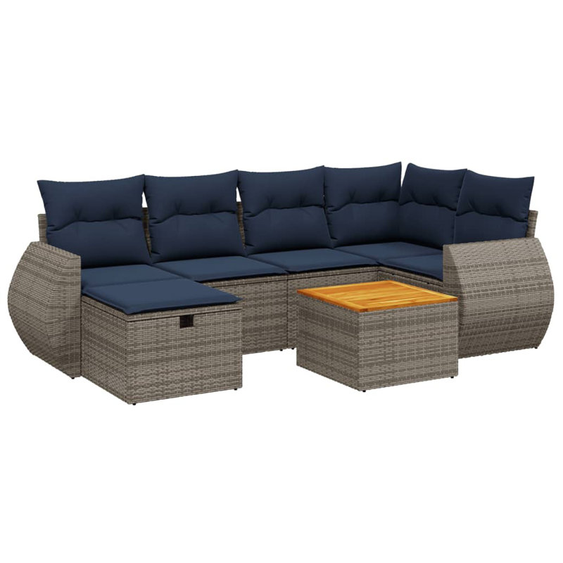  Ensemble de canapé de patio 7 pièces avec coussins en rotin de polyester noir, Gris, Marine