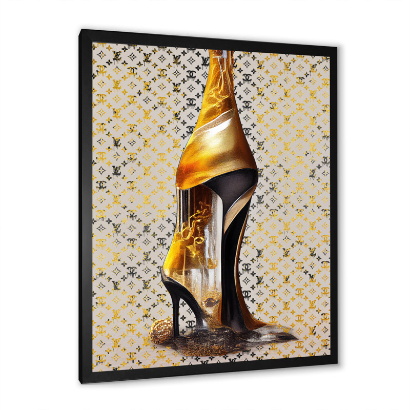 Luxe marque pompes et bouteille V - mode toile Art mural, Cadre photo noir, L 12 po x H 20 po