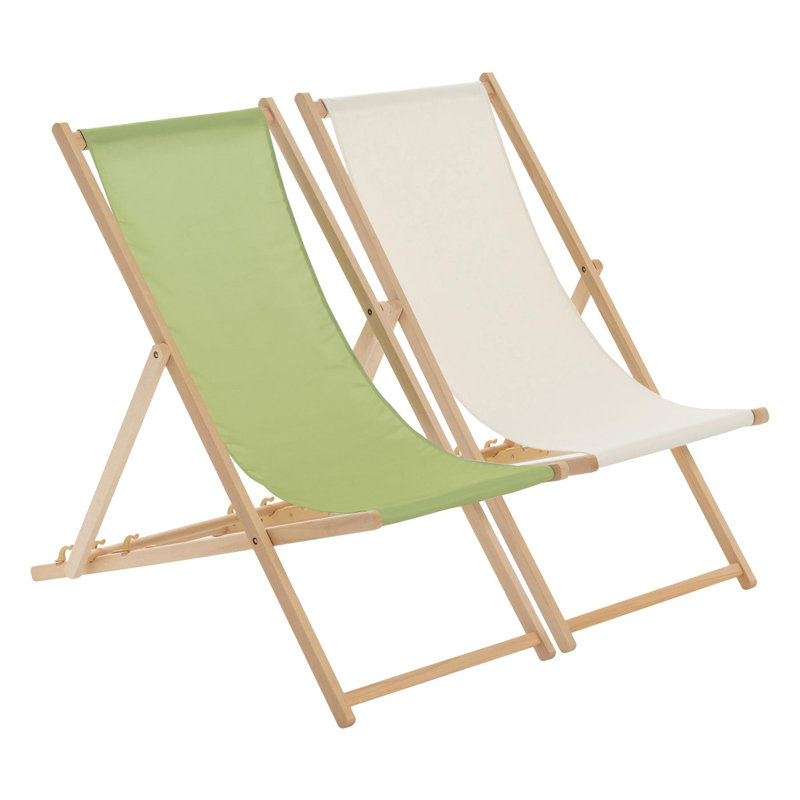 Harbour Housewares - Traditional Wooden Deck Chairs - Set of 2, Lime/Cream