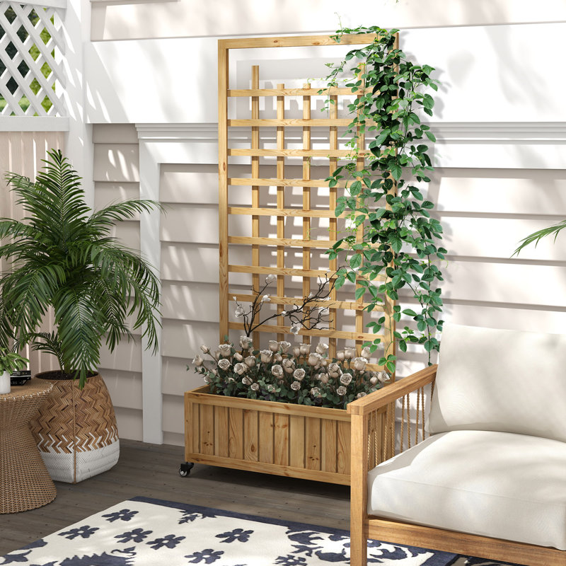Briara Wooden Trellis Planter Raised Beds for Garden with Wheels, Natural
