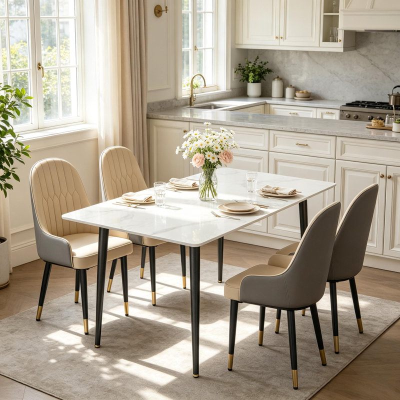 5 Piece Dining Table Set For 4, Modern 120cm Rectangle Marble Dining Table And Leather Dining Chairs 4, Kitchen Table And Chairs For 4, For Kitchen Dining Room