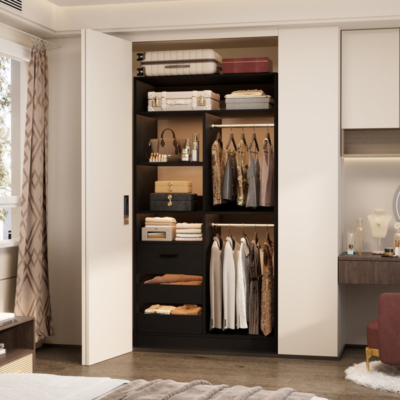 36" Closet System With 3 Drawers And 2 Rods, Shoes Storage With Hutches, Black