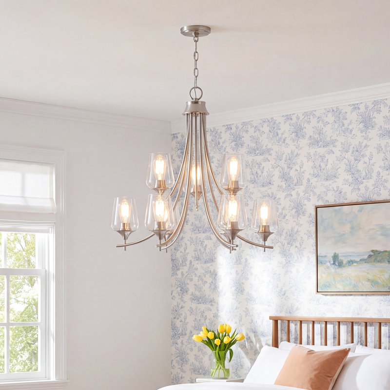 Emele Breena 9 - Light Tiered Chandelier, Satin Nickel