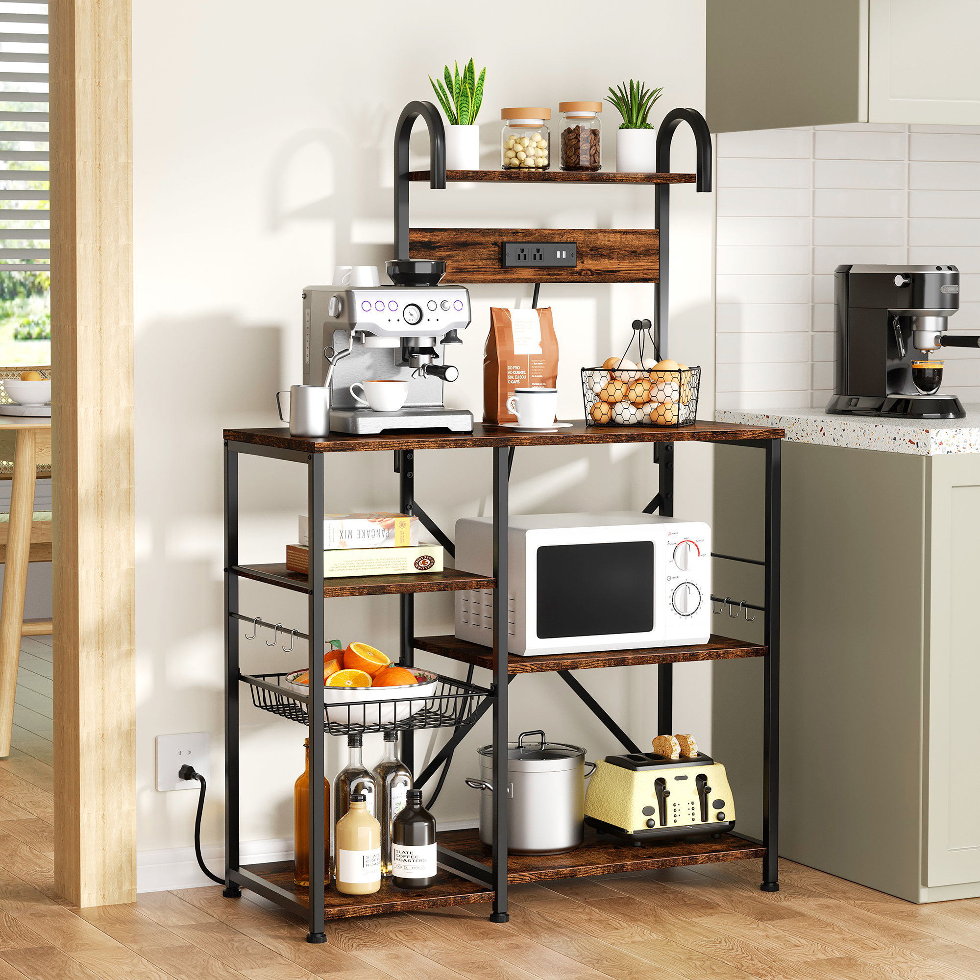Multifunctional Kitchen Shelf with Charging Socket, Kitchen Bakers Rack  with Storage, 5-Tier Microwave Oven Stand Shelf , Freestanding Utility  Kitchen