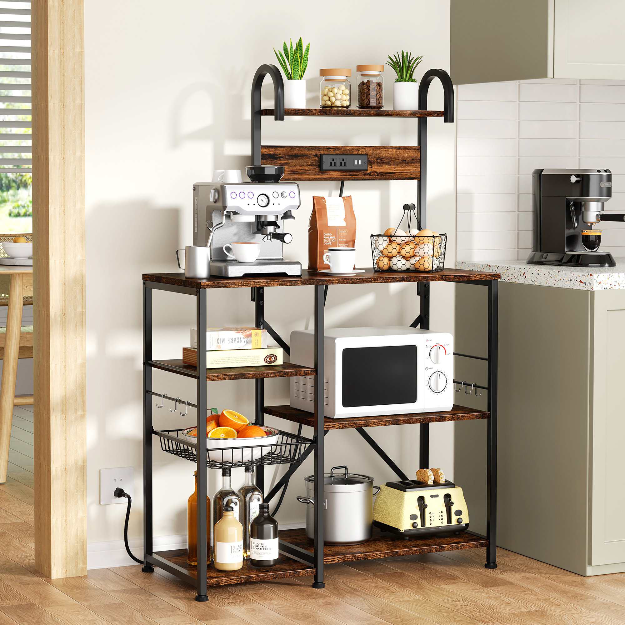 17 Stories 35.4” Bakers Coffee Bar Station Kitchen Storage Rack with Power  Outlet, Microwave Stand, Wire Basket, 6 S-Hooks, Kitchen Shelves & Reviews