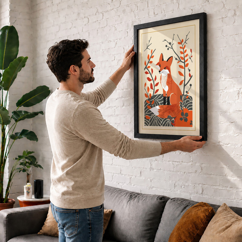 Fox Among Berries Boho - Framed Print, A2 - 59.4 x 42.0 cm, Walnut