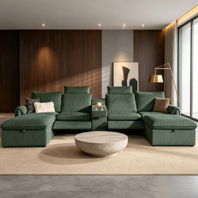 Modular Reclining Sectional Sofa with Console & 2 Ottomans, U-Shape Corduroy Sofa with USB Charging, Cup Holders & Storage