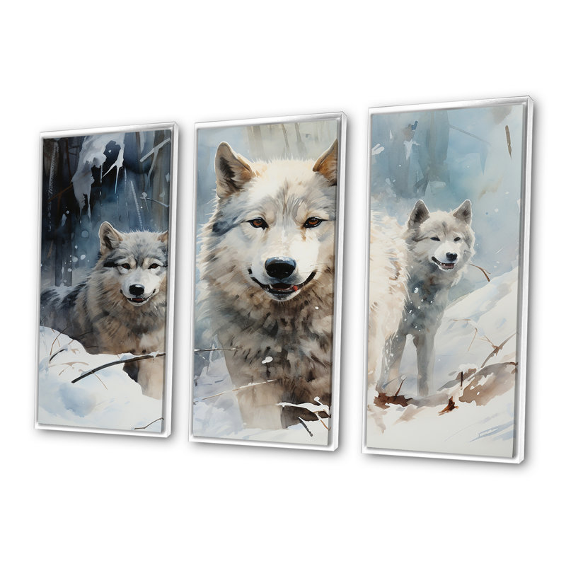 Neige loups en hiver III - loup, art mural, Cadre flottant blanc, H 28 po x l 36 po