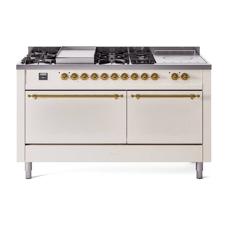 ILVE Nostalgie II 60 in Dual Fuel Range, 7 Burner, Griddle, Frenchtop, Liquid Propane, Antique White/Brass