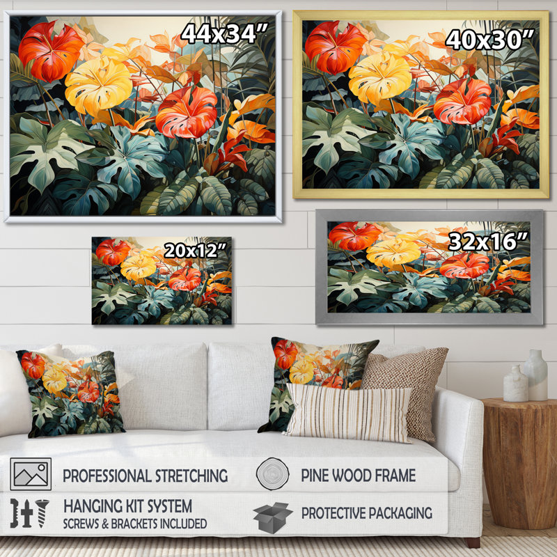 Orange tropical et feuillage vert I, Cadre flottant noir, H 24 po x l 32 po x P 1 po