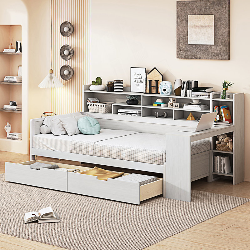Modern Style Twin Size Daybed With Storage Shelves, Multi-Functional Bed With Two Storage Drawers, Antique White