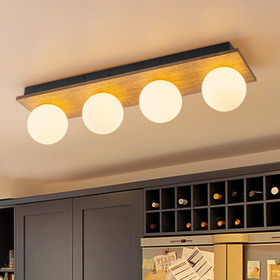 4 - Light Wood Rectangle Semi Flush Mount With Frosted Glass