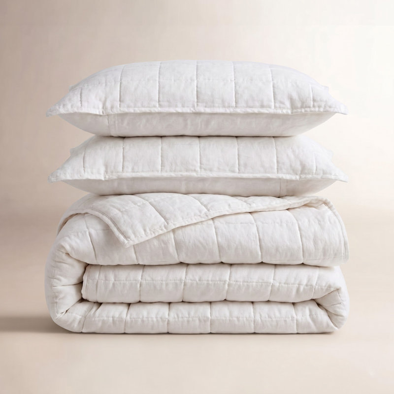 French Linen Box Stitch Quilted Sham Set, Queen, Cream
