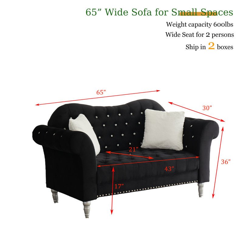 Causeuse rembourrée en velours 65 po 65 po - Canapé 2 places compact avec 2 coussins gratuits, Black