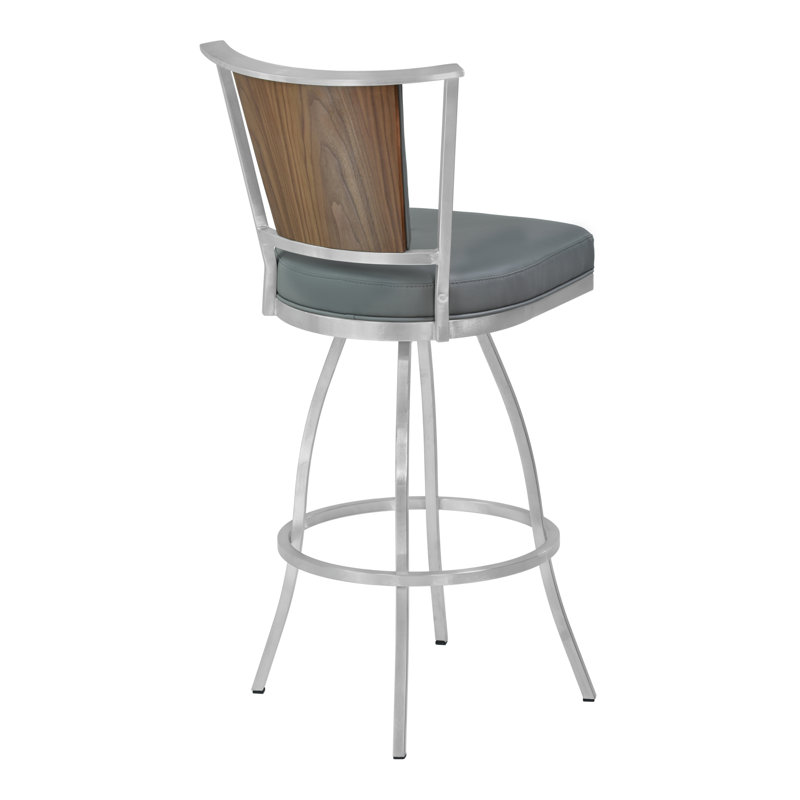 Borrelli Swivel 26 in. Walnut Wood and Steel Metal Counter Height Bar Stool, Gray