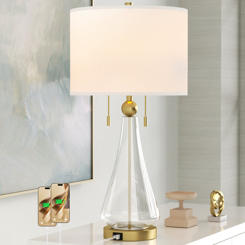  Aadyn 28" Modern Glam Glass Table Lamp USB Charging Pull Chain Soft Lighting for Bedroom Living Room, Gold