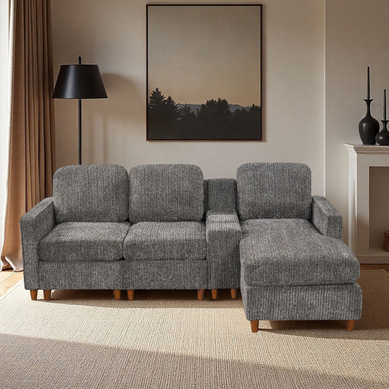 Canapé modulaire de 82 po en L avec console de rangement et méridienne réversible, Knox Charcoal Chenille