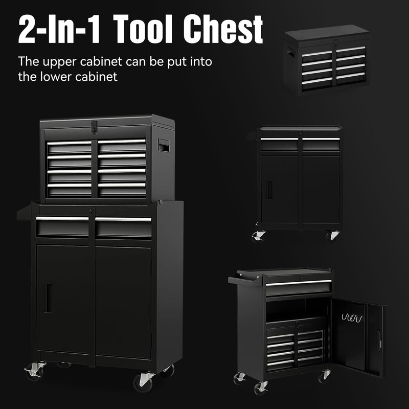Chariot à outils avec boîte détachable et roues verrouillables universelles pour garage, Noir