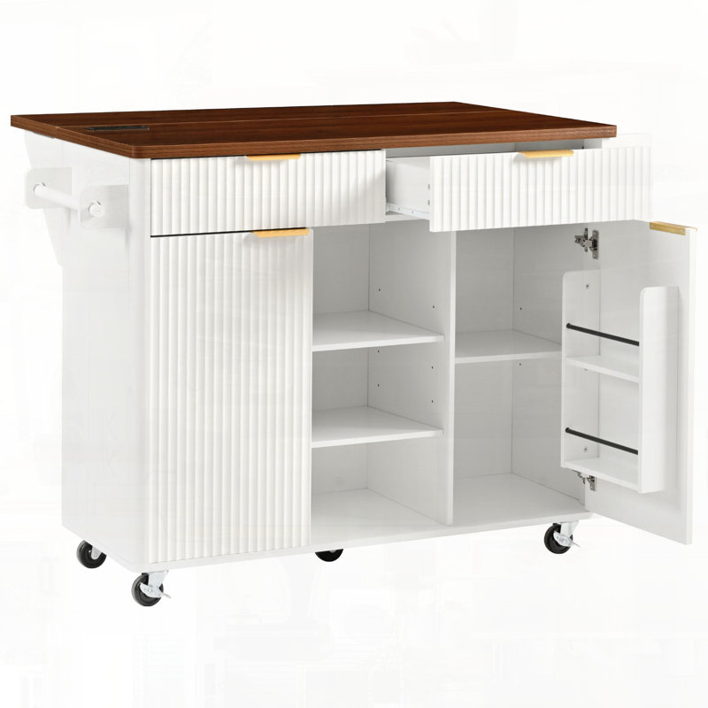 52" Luxury Fluted Kitchen Island with Drop Leaf & Power Station, White
