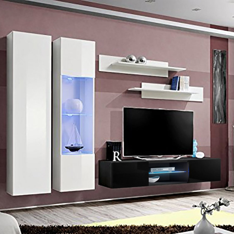 100" Modern Floating Wall Mounted Entertainment Center with 16-Color LED Lighting, High Gloss Finish, White/Black