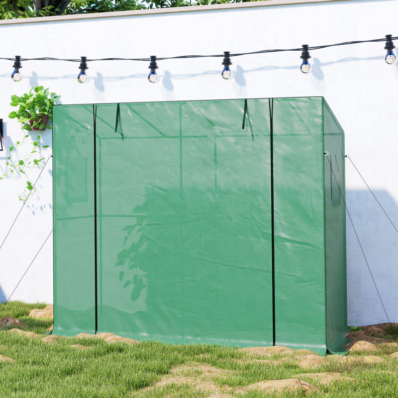 6.6' x 2.5' x 5.6' Lean-to Small Greenhouse for Outdoors, Portable Greenhouse with UV-resistant PE Cover, Walk-in Green House with Roll-up Door and Mesh Windows
