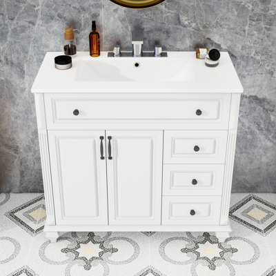 Meuble-lavabo avec lavabo en céramique, 4 tiroirs et tablette réglable pour le rangement de la salle de bain