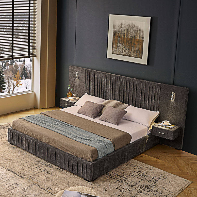 Lit plateforme tapissier avec tête de lit et table de chevet assortie, Très grand lit, Gris foncé