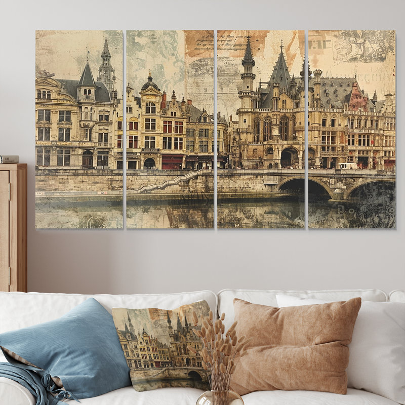 Ensemble d'art mural de la ville médiévale de Gand, Illustration rétro I, 4 pièces, H 32 po x l 64 po
