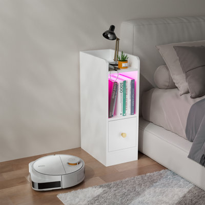Slim Bedside Table with 1 Drawer, White Narrow Bedside Cabinet with RGB LED Light & UK Charging Station 1AC/2USB, Wooden Corner Storage Cabinet for Sofa Bed Side Bedroom Living Room, UK Plug