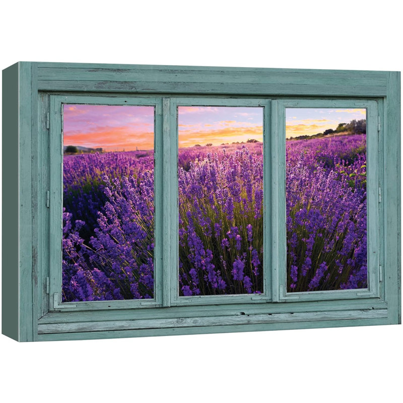 "Fenêtre vue du champ de fleurs de lavande, images naturelles de paysage rustique" sur toile, H 32 po x l 48 po