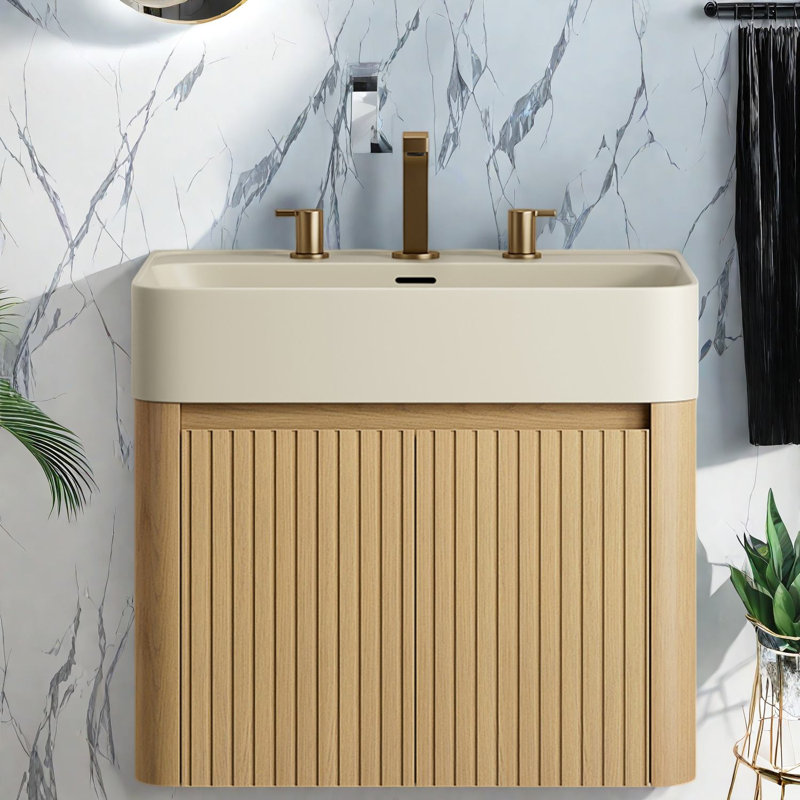 Meuble-lavabo flottant et lavabo flottant, rangement pour salle de bain grain de bois moderne de 36 pouces, 23.62