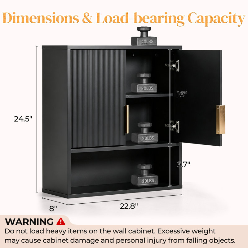 24.5"W Black Bathroom Wall Cabinet With Double Doors and 3 Shelves, Black