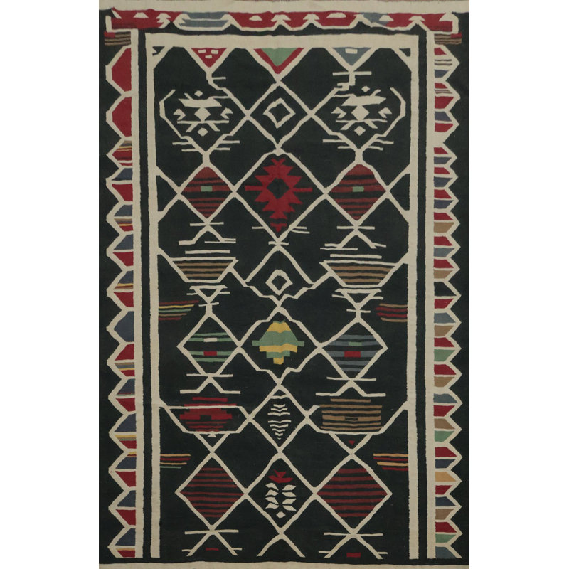 Tapis noir en laine à motif géométrique kilim 8 x 11