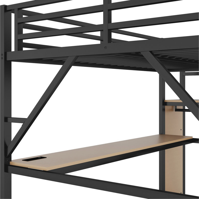 Lit mezzanine avec bureau et station de charge, lit mezzanine en métal avec escalier et lumière pour enfants adolescents
