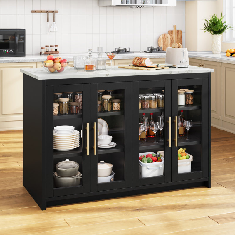  130cm W Kitchen Island With 4 Acrylic Doors & 3-Color LED Strip, Black/White