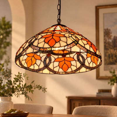 Luminaire suspendu en forme de tête de vitrail unique en forme de dôme floral orange avec ampoules
