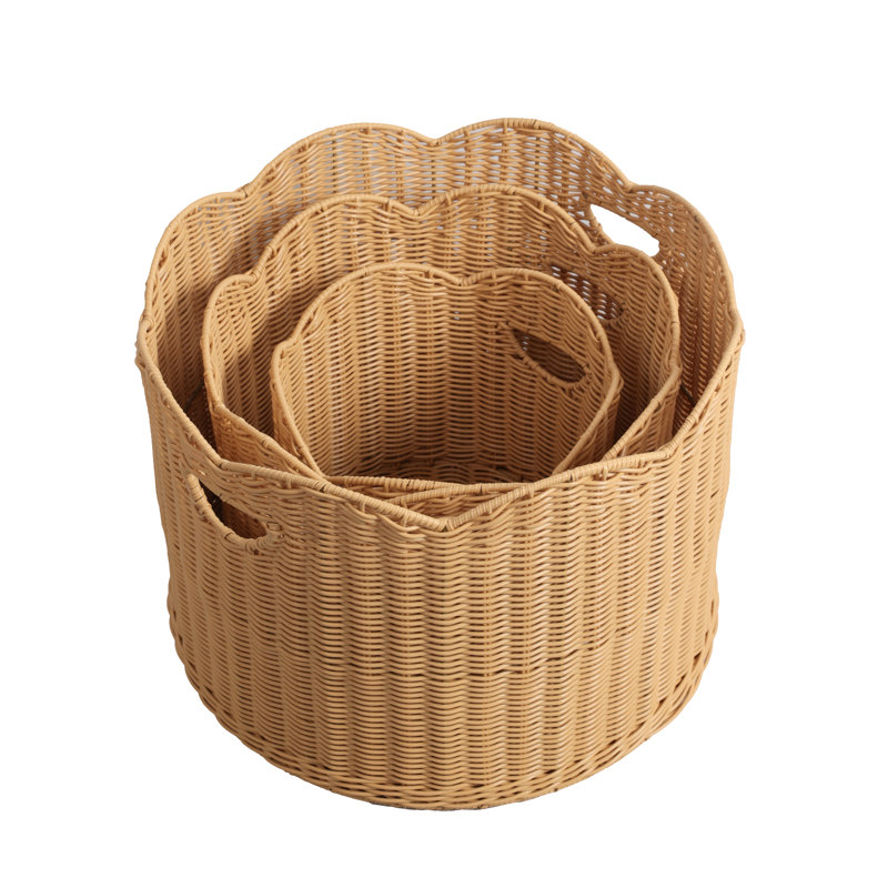 Maris Contemporary Cottage Resin/Metal Scalloped Edge Nesting Storage Baskets with Handles (Set of 3), Natural