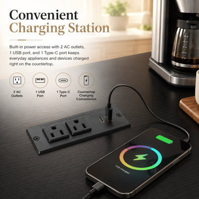 Îlot de cuisine mobile Britan avec portes vitrées cintrées rabattables et station de recharge