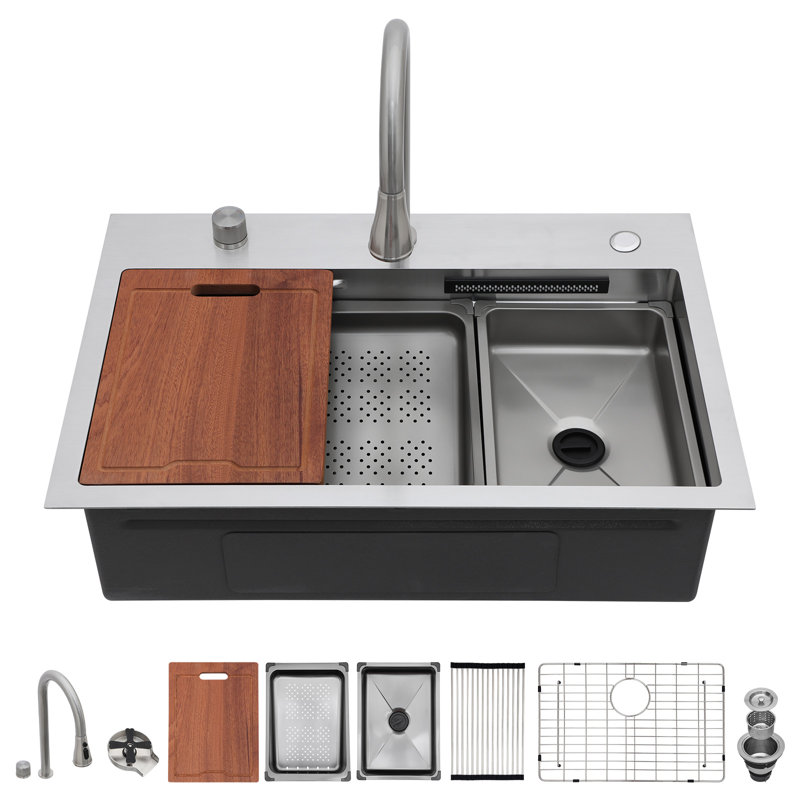 Évier de cuisine à simple cuve en acier inoxydable avec station de travail en acier inoxydable de calibre 16 avec robinet à cascade de pluie L 31 po x l 20 po