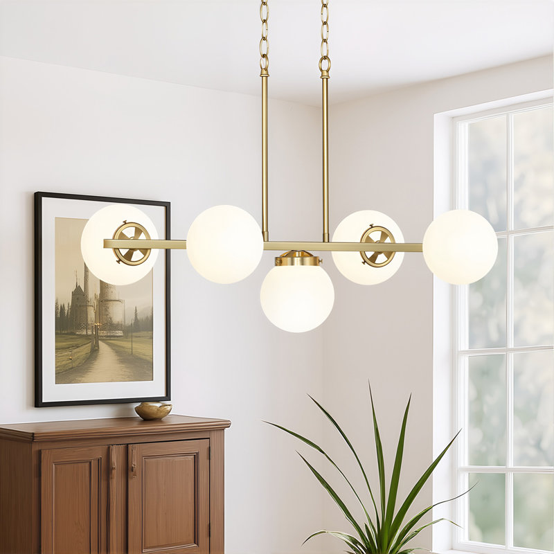 Luminaire suspendu linéaire à 5 lumières pour îlot de cuisine Renley, Or, Blanc