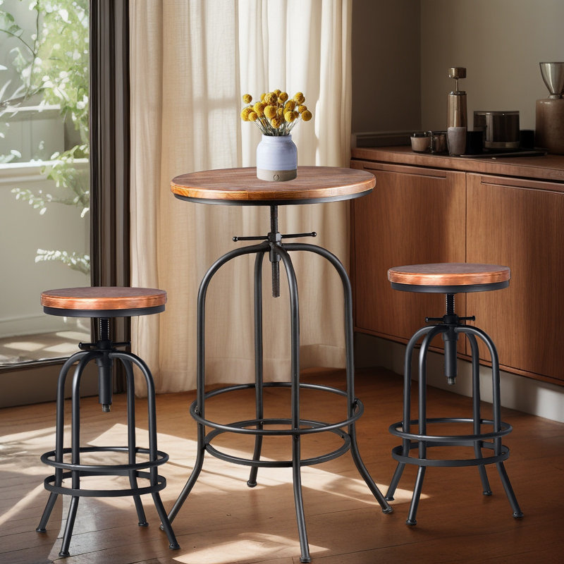 Industrial Bar Table-37.4 Inch-45.3 Inch Tall-Swivel Adjustable Bar Height Bistro Pub Table- Round Wood Top Metal Base (Black/Brown)