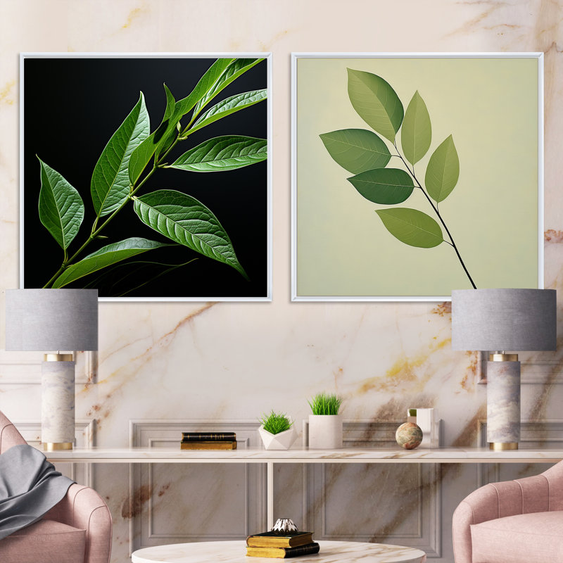 Simplicity in Sage Leaves - Ensemble de 2 feuilles carrées, Cadre flottant blanc, H 30 po x l 61 po