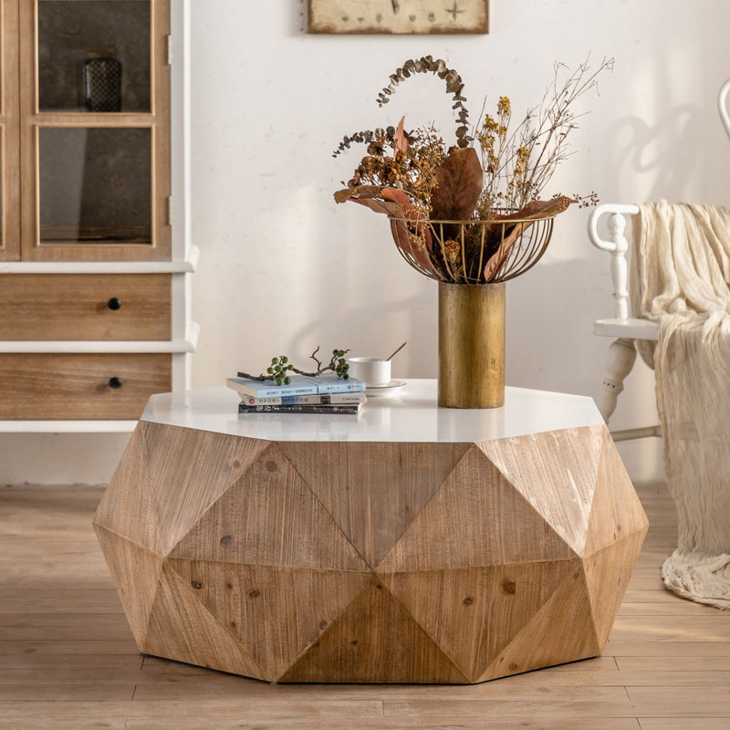 38"Three-dimensional Embossed Pattern Design American Retro Style Coffee Table,White Tabletop, Natural, White