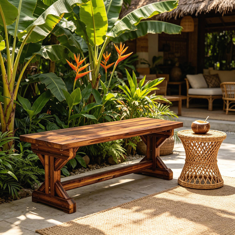 Banc 45 po en bois massif carbonisé rustique sans dossier avec base en X, intérieur / extérieur
