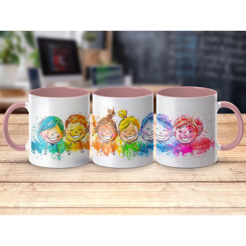 Kids Drawing Style 11oz Accent Mugs – Ceramic Coffee Cup with a Pink Handle and Interior