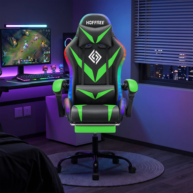 Fauteuil de jeu ergonomique à massage Hoffree avec haut-parleurs Bluetooth et lumières DEL RVB, Vert / noir