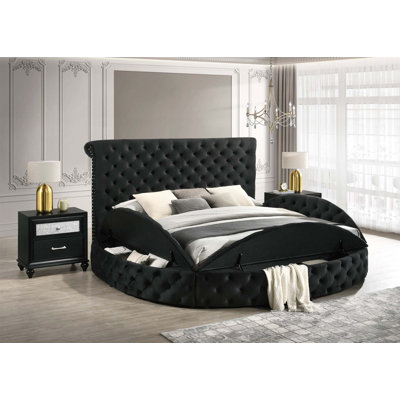 Luxurious 1Pc Glam Queen Tufted Headboard Upholstered Storage Round Bed Black Footboard Storage Wooden Bedroom Furniture