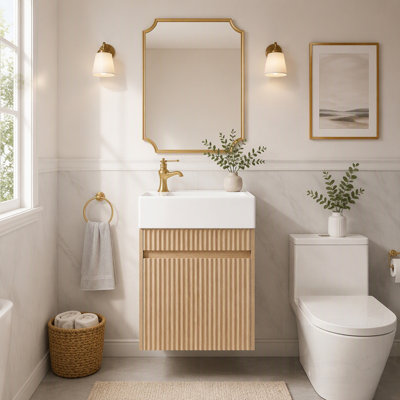 Meuble-lavabo flottant peu encombrant avec lavabo en résine, armoire en panneau de fibres à densité moyenne et conception à pousser sans ouverture pour les espaces de lavage compacts
